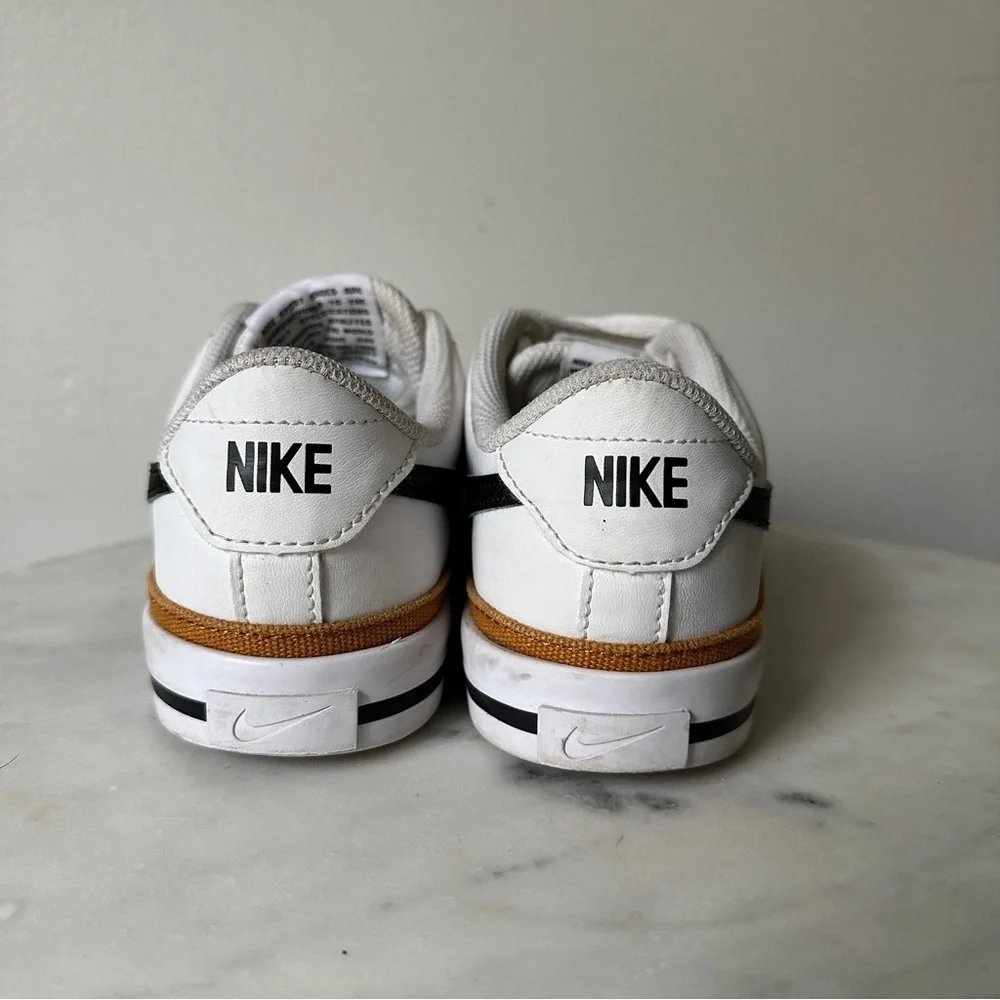 Nike Court Legacy 3.5Y White Sneakers with Black Swoosh and Brown Accents